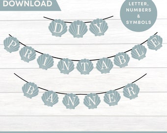 DIY Seashell Garland Kit, Printable Seashell Letter and Number Banner, Custom Shell Garland, Beach Garland, Printable Beach Party Garland