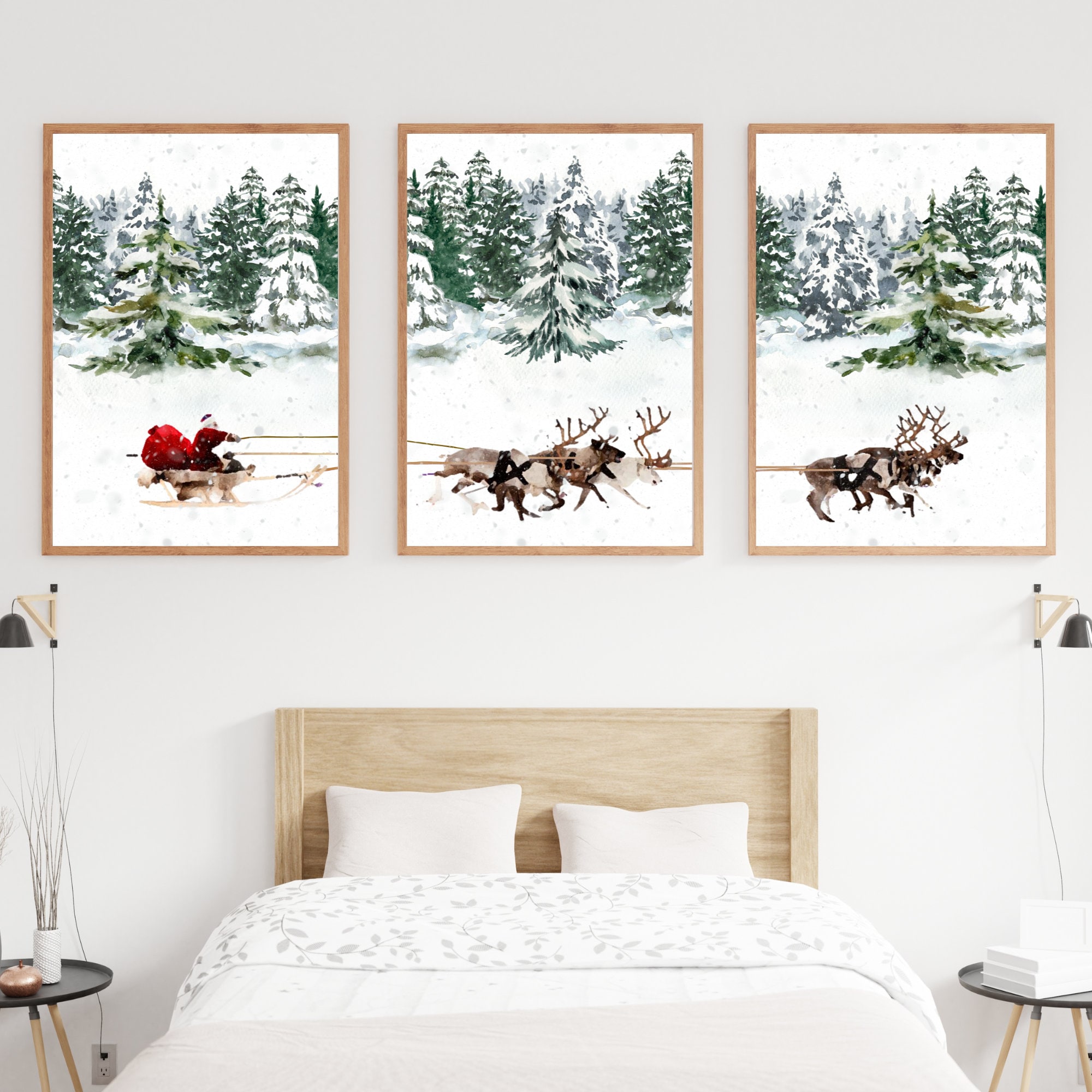 Santa Claus Reindeer Sleigh Set of 3 Printable Wall Art Christmas ...