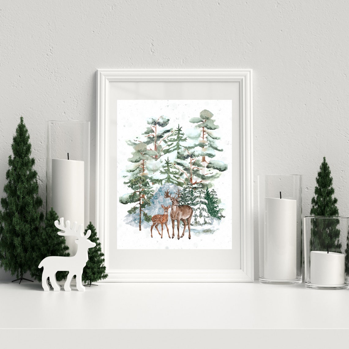 Watercolor Reindeer Forest Winter Wall Art Printable, Snow Covered ...