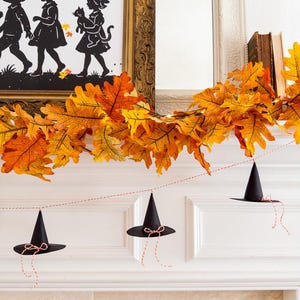 DIY paper witch hat template, printable Halloween hat craft, spooky witch hat garland, Halloween paper decoration, DIY witchy party hat, Halloween garland printable, cute witch hat banner, Halloween costume paper craft, witch hat Halloween DIY, witch party decor printable