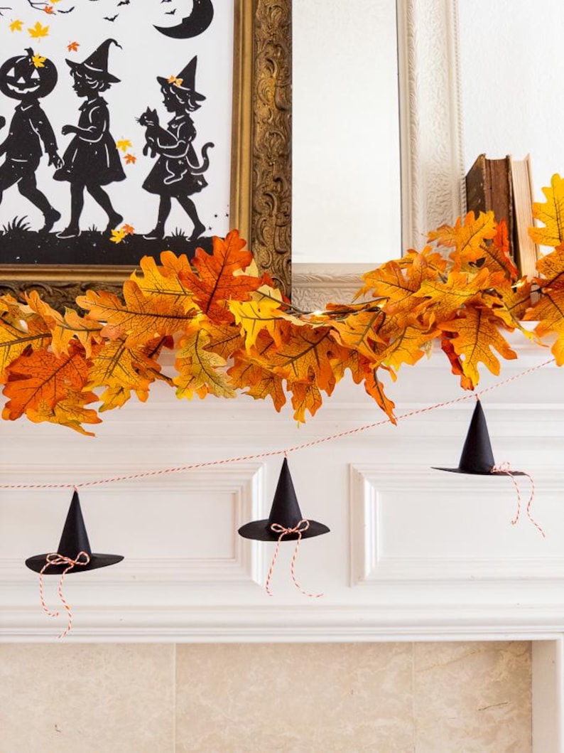 DIY paper witch hat template, printable Halloween hat craft, spooky witch hat garland, Halloween paper decoration, DIY witchy party hat, Halloween garland printable, cute witch hat banner, Halloween costume paper craft, witch hat Halloween DIY, witch party decor printable