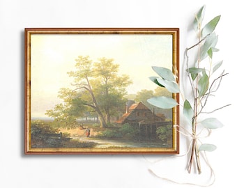 Vintage Landscape Oil Painting Country Printable Wall Art Digital Download Watermill Painting Landscape European Nature Antique Print Decor