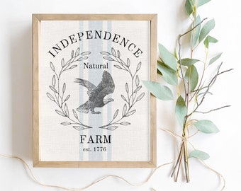 Independence Eagle graanzak boerderijen afdrukbare muurkunst, patriottische 4 juli vintage decor, boerderij Americana rustiek landhuis print