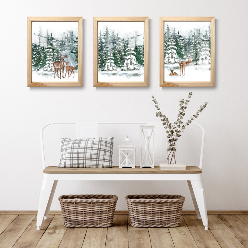Set of 3 Forest Deer Winter Wonderland Wall Art Printable, Reindeer ...