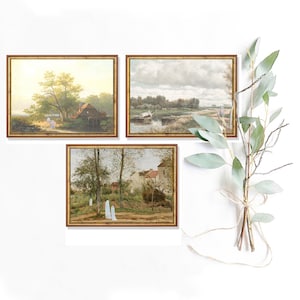 3er-Set Halloween-Weinlese-Landschaftsdrucke | Geister Ölgemälde Rustikale Wand Kunst Bündel | Bauernhaus Halloween Wand Dekorationen Printable