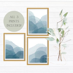 Set of 3 Watercolor Blue Abstract Mountain Prints Nature Decor Printable Farmhouse Stylized Art Minimalist 3 Piece Wall Art Digital Download