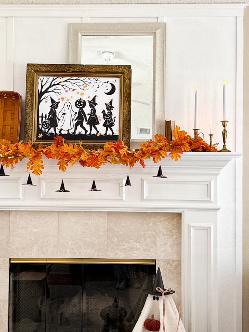 DIY printable witch hat pattern, spooky witch paper craft, Halloween garland banner printable, witch hat party decoration, printable witchy decor, Halloween paper art, DIY Halloween decor printable, mini witch hat template, spooky party decoration, witch hat printable file