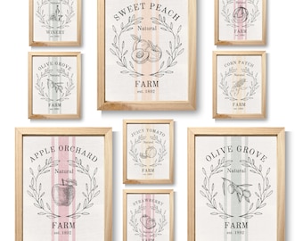 Set of 10 Grainsack Farms Fruits and Vegetables Art Prints | Farm Fresh Produce Printable Art Bundle | Vintage Fruit and Veggie Rustic Decor