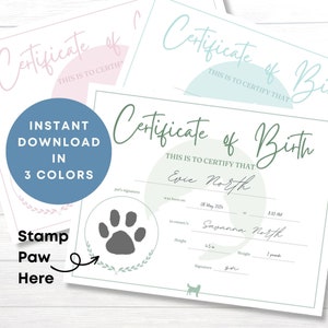 Geboorteakte puppy | Set van 3 geboorteaktes voor huisdieren | Bundel geboorteakte puppy's | Inclusief ruimte voor de pootafdruk van je hond