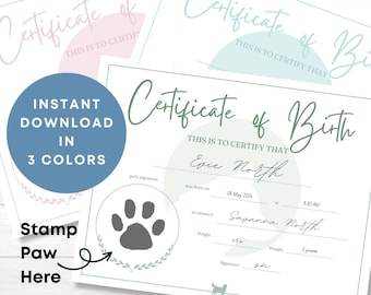 Puppy Birth Certificate | Pet Birth Certificates Set of 3 | Puppies Birth Record Keepsake Bundle | Includes Space for Your Dog's Paw Print