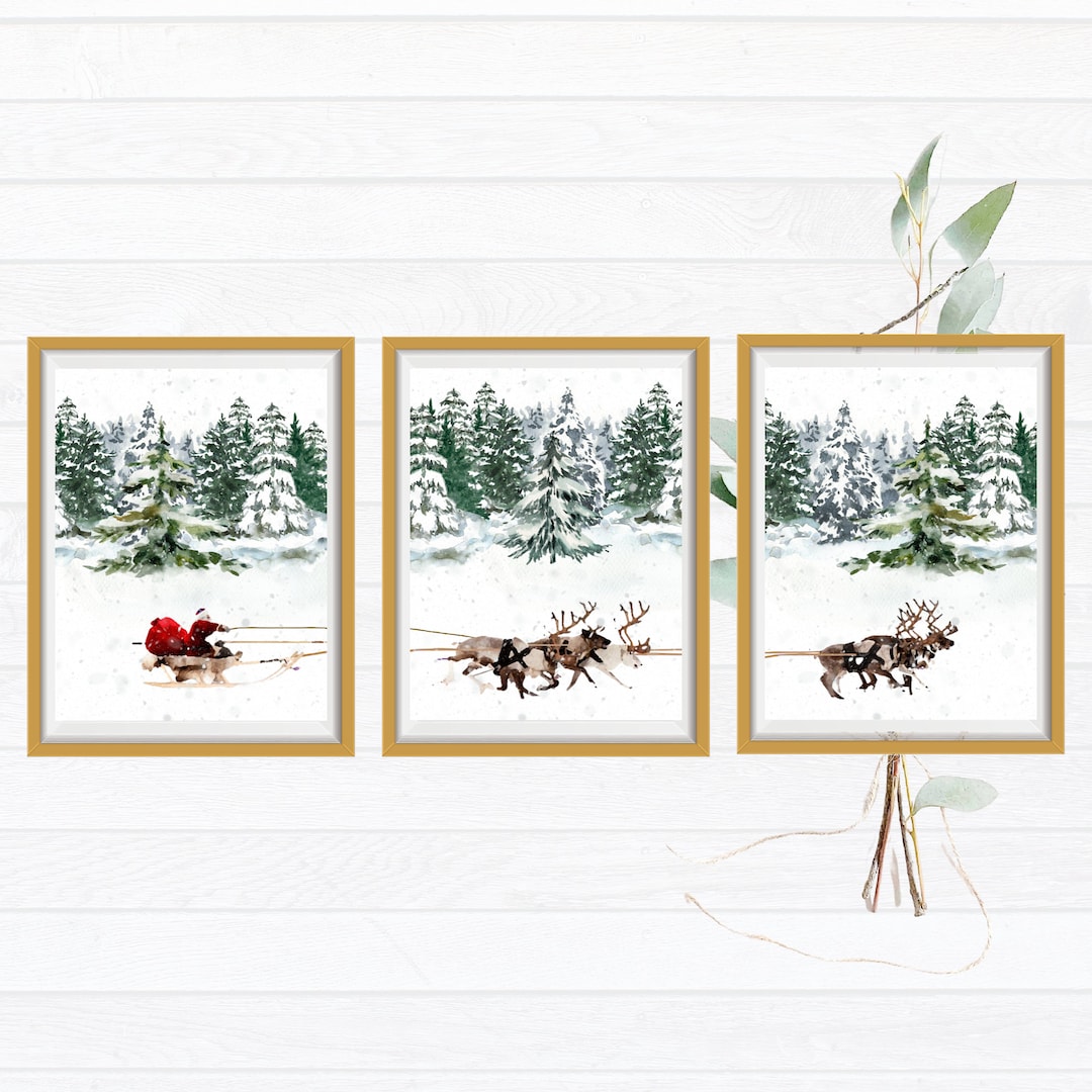 Santa Claus Reindeer Sleigh Set of 3 Printable Wall Art Christmas ...