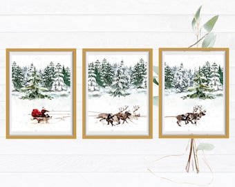 Santa Claus Reindeer Sleigh Set of 3 Printable Wall Art Christmas Gallery Prints Interconnected Art 8x10, 11x14, 12x18, 16x20 and 20x24 size