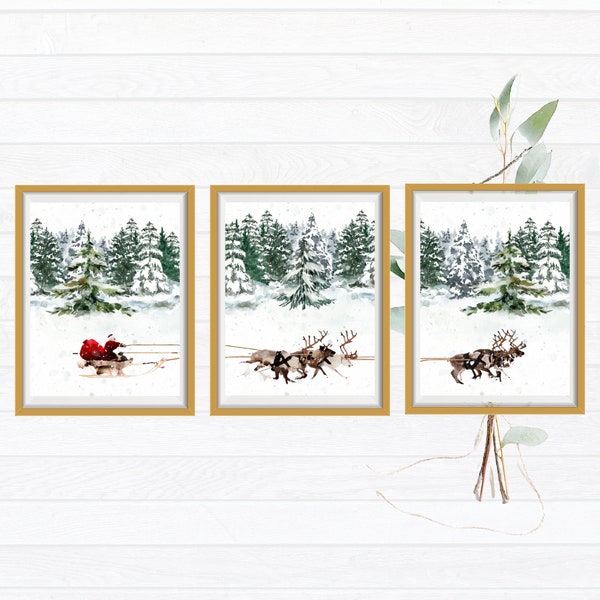 Santa Claus Reindeer Sleigh Set of 3 Printable Wall Art Christmas Gallery Prints Interconnected Art 5x7, 8x10, 11x14, 16x20 and 20x24 sizes