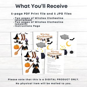 May include: A printable Halloween game for kids featuring a witch's clothesline with various accessories. The game includes two pages of distressed and two pages of smooth images, plus an instruction page. The game is a digital product only.