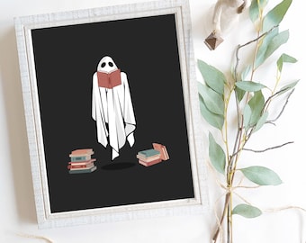 Ghost Reading a Book Funny Halloween Wall Art Printable PDF Halloween Library Sign Spooky Season Print Decor Fall Teacher Gift Bookworm Gift