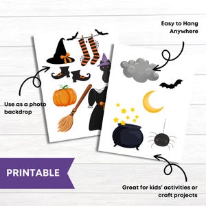 May include: Printable Halloween craft set with images of a witch, a cauldron, a spider, a broom, a pumpkin, a cat, a moon, a cloud, stars, and bats. The text "Easy to Hang Anywhere" and "Great for kids' activities or craft projects" is included.