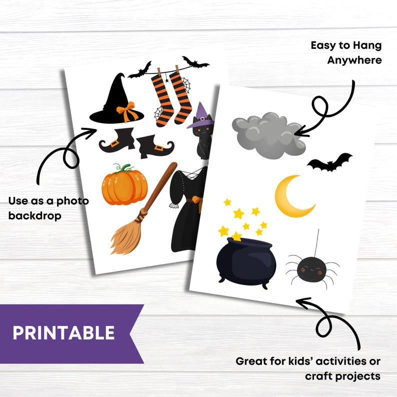 May include: Printable Halloween craft set with images of a witch, a cauldron, a spider, a broom, a pumpkin, a cat, a moon, a cloud, stars, and bats. The text "Easy to Hang Anywhere" and "Great for kids' activities or craft projects" is included.