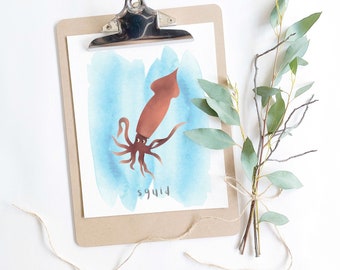 Squid watercolor digital printable wall art kids room nursery learning sea creature ocean life print decor