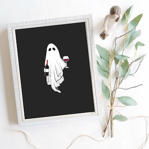 Elegante Ghost Wein Wand Kunst zum Ausdrucken | Vintage Geist Wein Poster | Geist mit Weinflasche und Glas Illustration | Druckbare Haunted Decor