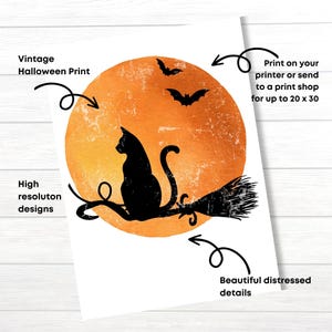 black cat Halloween door decor, vintage orange moon printable, witch broom and bat wall art, rustic gothic Halloween decoration, something wicked artwork, printable spooky wall hanger, black cat vintage print, Halloween entryway wall decor, witchy home artwork, gothic seasonal printable