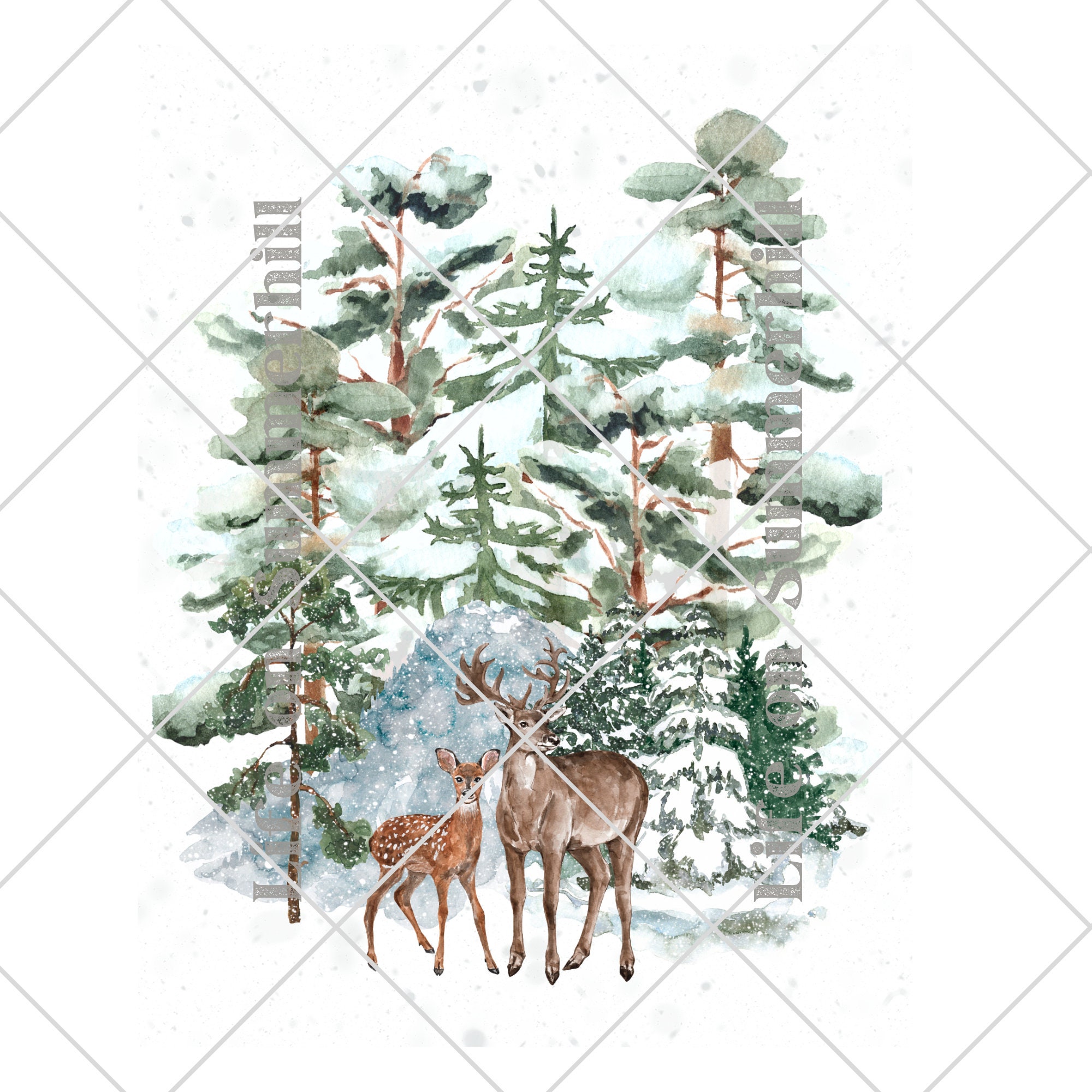 Watercolor Reindeer Forest Winter Wall Art Printable, Snow Covered ...