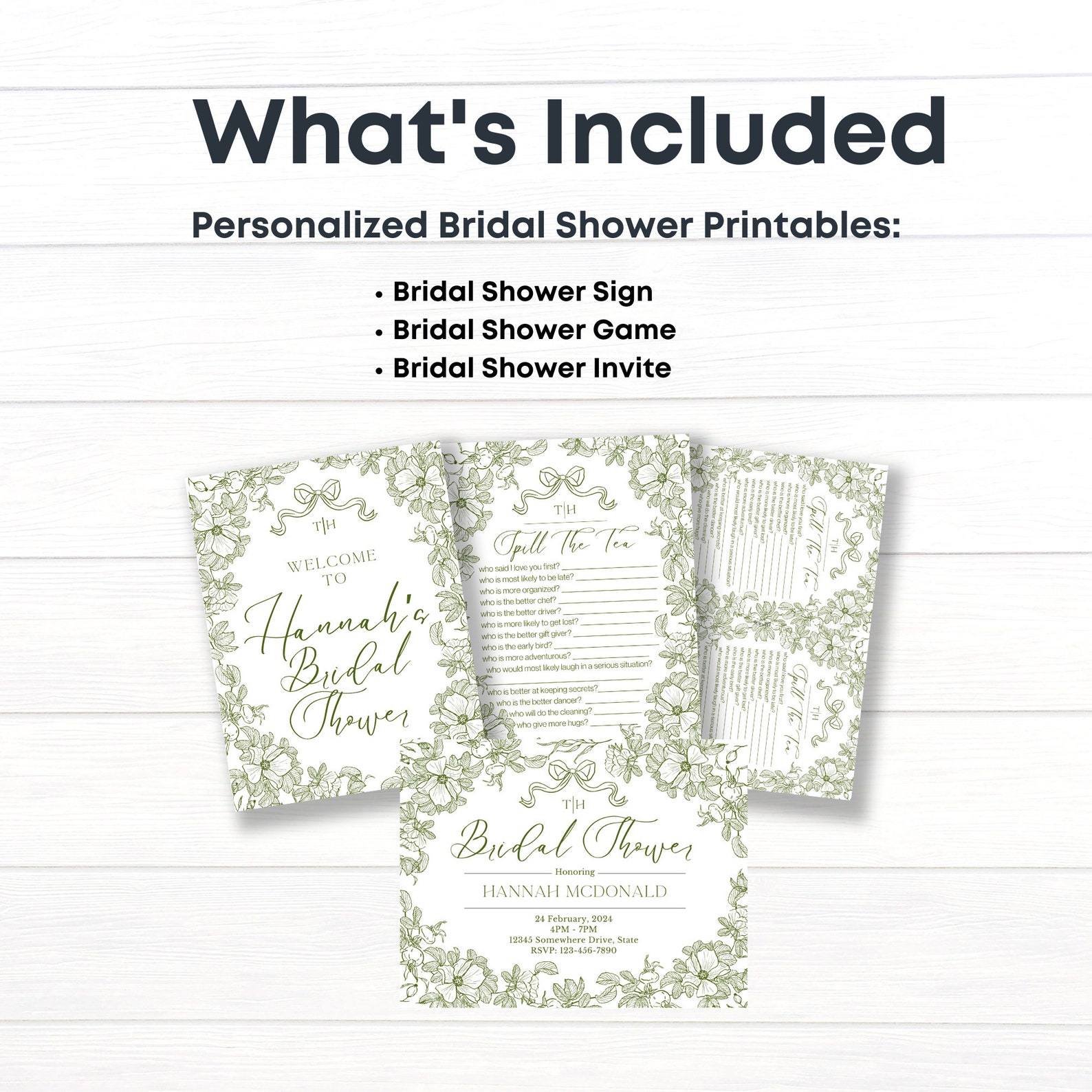 Personalized Bridal Shower Printable Set Greenery Bride Party Templates ...