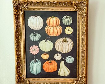 Watercolor Pumpkin Printable Wall Art, Assorted Pumpkins Halloween Decor, Vintage Autumn Harvest Season Art, Rustic Farmhouse Fall Print