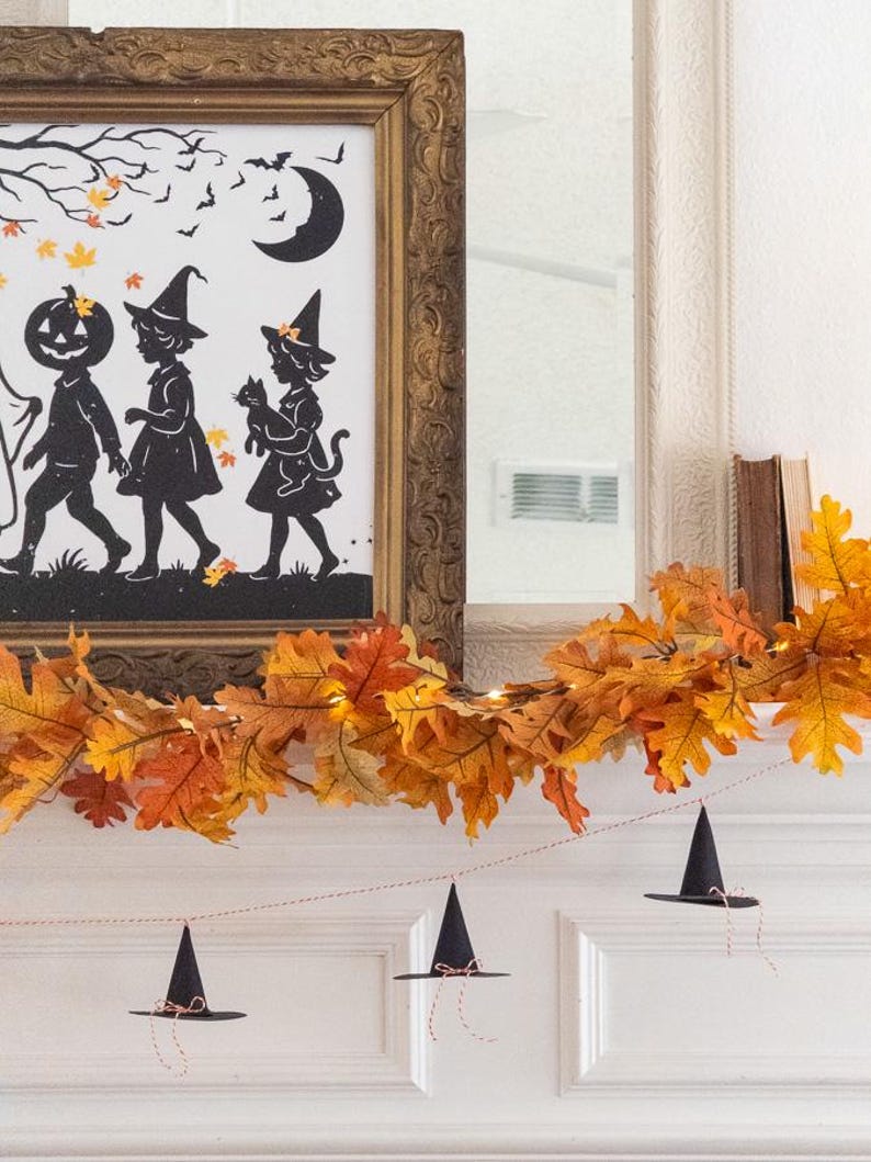 Printable DIY witch hat banner, Halloween paper garland, spooky witch hat pattern, witch hat printable craft, Halloween party decor idea, witchy garland decoration printable, Halloween witch hat cutout, DIY paper witch hat printable, cute witch hat home decor, printable Halloween project