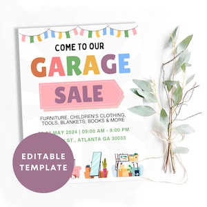 de Flyer de vente de garage modifiable | Panneau de vente de garage de quartier à imprimer | Affiche de l'événement de la vente de déménagement communautaire | Annonce d'une vente de charité