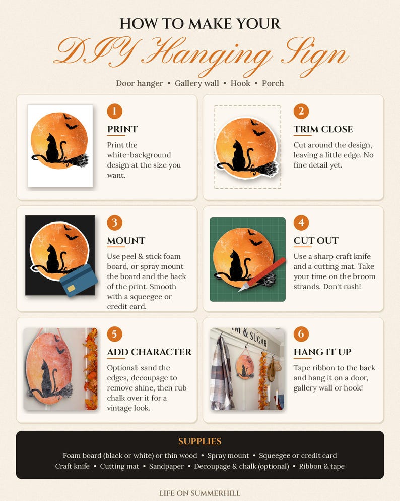 black cat printable Halloween decor, vintage orange moon wall art, witch broom and bats artwork, rustic Halloween door hanger, gothic something wicked print, spooky cat wall decor, vintage witch Halloween artwork, printable entryway decor, Halloween cottage wall art, dark gothic home decor