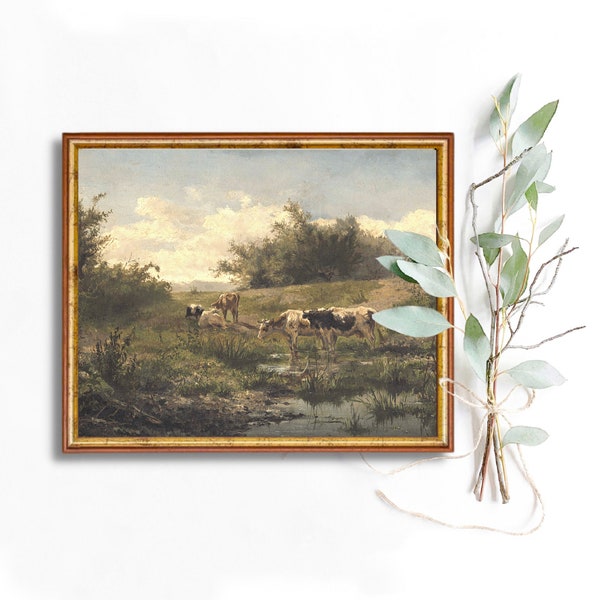 Vintage Landscape Oil Painting Country Digital Download Printable Wall Art Farm Cows Nature Antique Print Decor