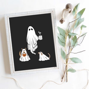 Halloween Ghost And Dog Wall Art Printable | Ghost Dog Lover Home Decor | Charming Dogs With Ghost Art Print | Funny Halloween Dog Poster