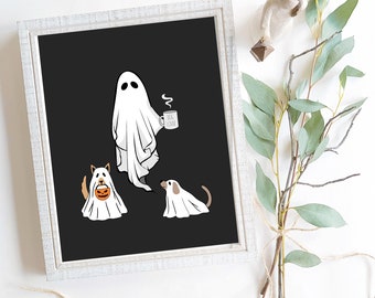 Halloween Ghost And Dog Wall Art Printable | Ghost Dog Lover Home Decor | Charming Dogs With Ghost Art Print | Funny Halloween Dog Poster