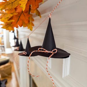 Printable mini witch hat, witch hat pattern template, Halloween witch craft, spooky witch paper hat, printable party garland, witch hat paper cone DIY, Halloween decoration printable, mystical witch party decor, handmade Halloween witch hat, witch hat cutout printable