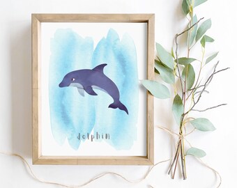 Dolphin watercolor digital printable wall art kids room nursery learning sea creature ocean life print decor