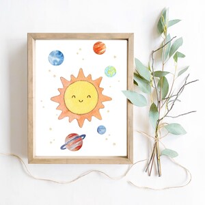 Watercolor sun and planets cosmic galaxy outer space digital download printable wall art for kids room or nursery decor
