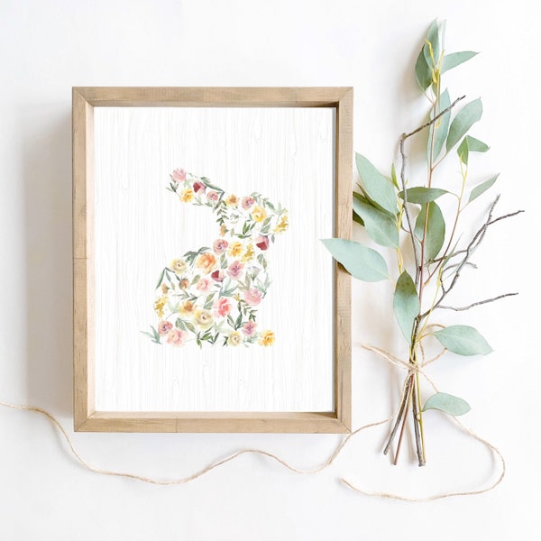 Watercolor Floral Bunny Nursery Wall Art Home Decor Digital Download Printable Cute Easter Rabbit Silhouette Woodland Animal Flower Print