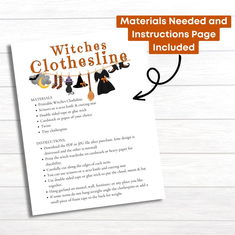 May include: Printable instructions for a Halloween craft project called "Witches Clothesline". The instructions include a list of materials needed, such as scissors, tape, and cardstock, and steps on how to assemble the craft. The image shows a colorful illustration of witches' hats, brooms, and shoes hanging on a clothesline.