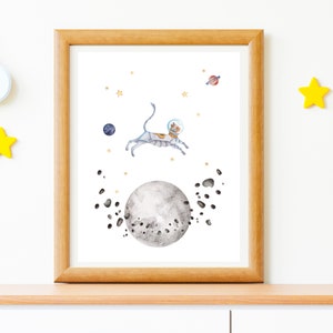 Watercolor cosmic galaxy astronaut cat in outerspace digital download printable wall art for kids room or nursery decor image 3