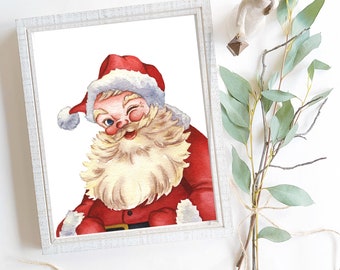 Winking Retro Santa Watercolor Printable Wall Art Vintage Father Christmas Farmhouse Holiday Decor 5x7, 8x10, 11x14, 16x20 and 20x24 sizes