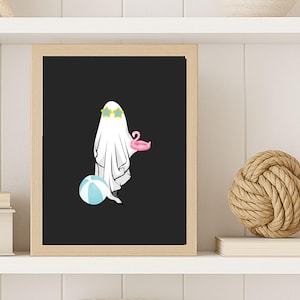 Summerween Ghost Wall Art Printable, Funny Ghost with Flamingo Float Print, Retro Halloween Pool Party Decor, Summer Halloween Digital Art