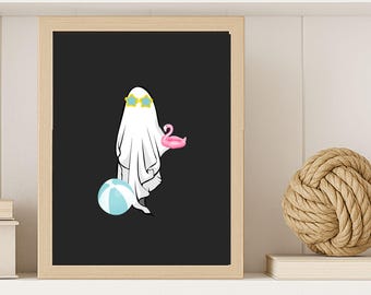 Summerween Ghost Wall Art Printable, Funny Ghost with Flamingo Float Print, Retro Halloween Pool Party Decor, Summer Halloween Digital Art