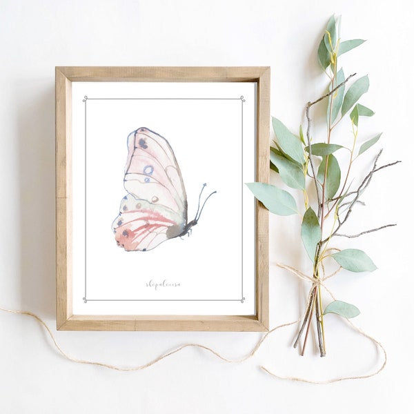 Rosa Schmetterling Seitenprofil Aquarell Wandkunst digitaler druckbarer Schmetterlingsseitenansicht niedliches Frühlingsdekor-Mädchen-Kinderzimmernaturdruck