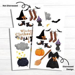 May include: Two printable Halloween witch clothing line game cards. The card on the left has a distressed design with a cauldron, stars, a cloud, and a crescent moon. The card on the right has a clean design with a witch's hat, boots, stockings, a broom, a pumpkin, a black cat, and a dress. The text on the card on the left reads "Witches Clothesline".