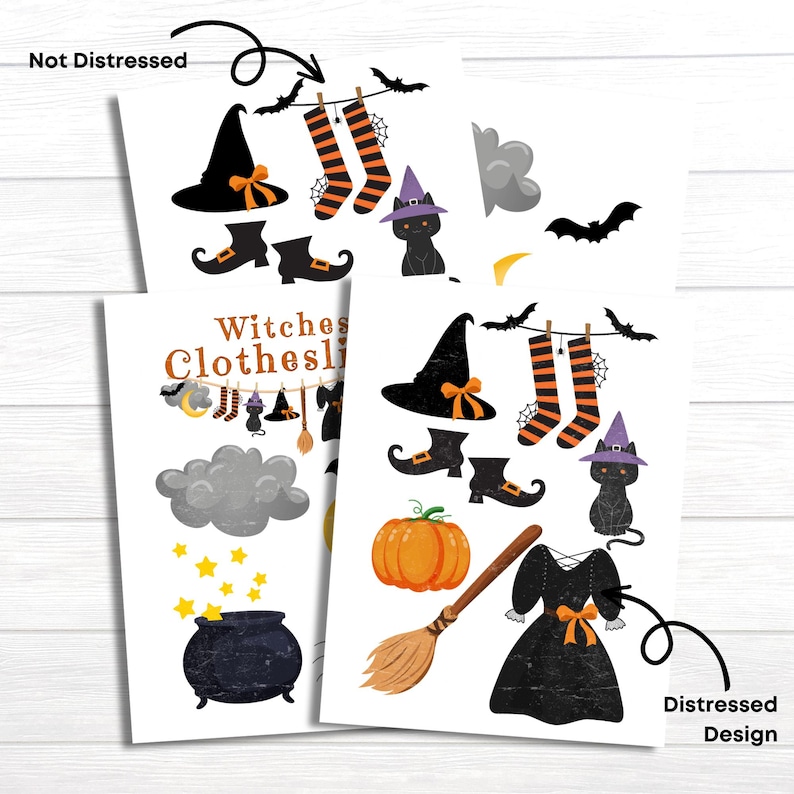 May include: Two printable Halloween witch clothing line game cards. The card on the left has a distressed design with a cauldron, stars, a cloud, and a crescent moon. The card on the right has a clean design with a witch's hat, boots, stockings, a broom, a pumpkin, a black cat, and a dress. The text on the card on the left reads "Witches Clothesline".