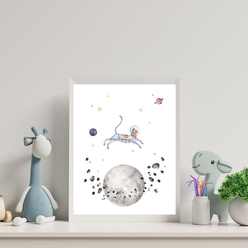 Watercolor cosmic galaxy astronaut cat in outerspace digital download printable wall art for kids room or nursery decor image 4