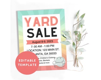 Editable Garage Sale Flyer | Personalized Yard Sale Sign Poster | Customizable Rummage Sale Sign | Blank Sale Sign JPG & PDF Print Template