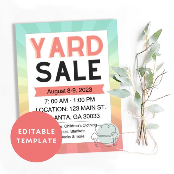 Editable Garage Sale Flyer | Personalized Yard Sale Sign Poster | Customizable Rummage Sale Sign | Blank Sale Sign JPG & PDF Print Template