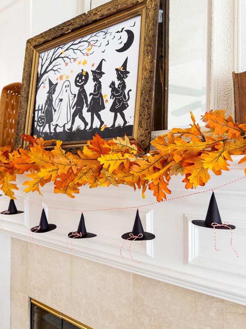 Halloween paper witch hat printable, witch hat garland banner, DIY witchy Halloween decor, spooky hat party craft, printable witch cone hat, mini witchy decorations, witch hat paper DIY pattern, Halloween witch garland template, mystical Halloween decor, printable Halloween hat
