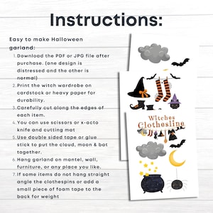 May include: Instructions for making a Halloween garland with a witch's wardrobe, a cloud, a moon, a bat, and a cauldron. The text reads "Witches Clothesline".